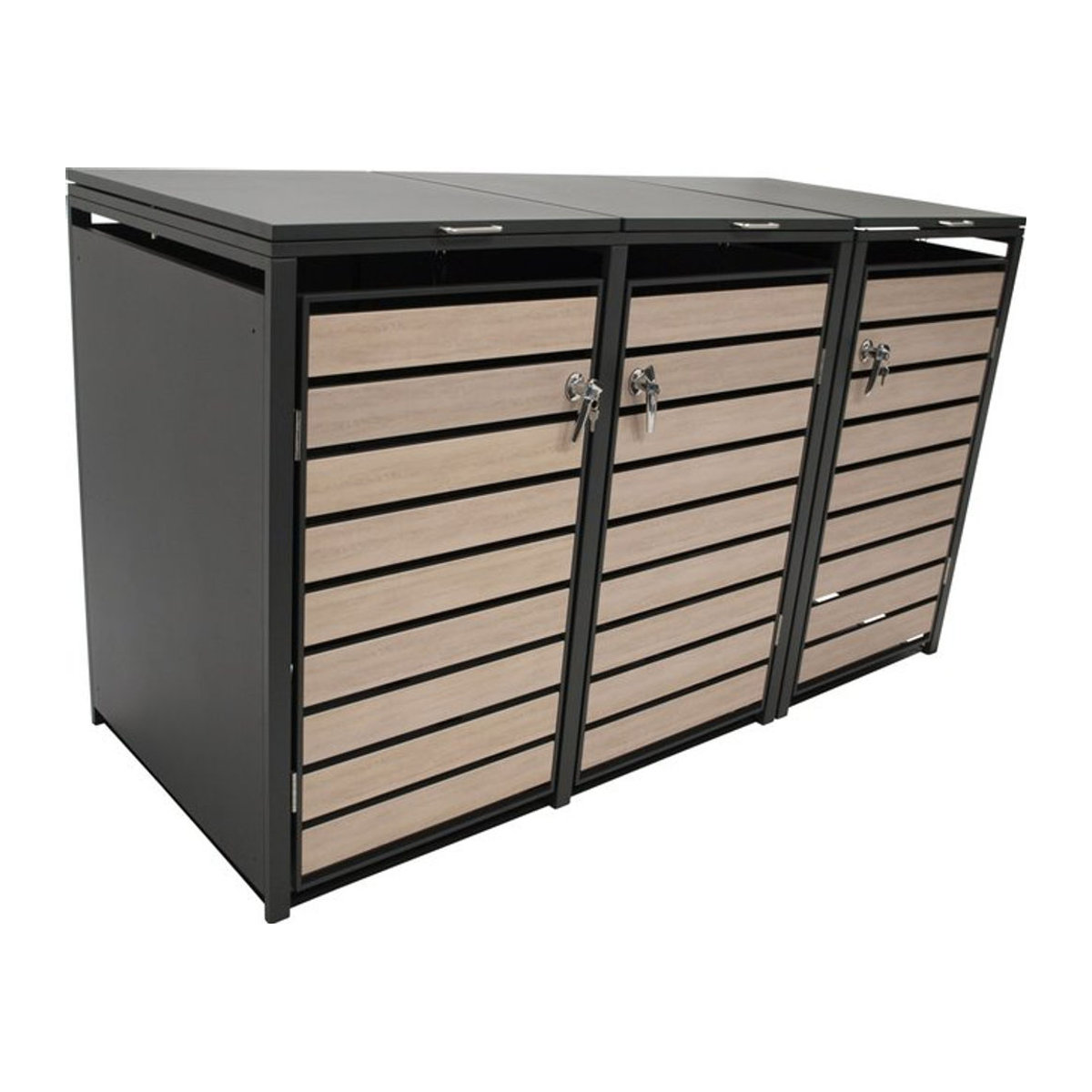 DEGAMO Mülltonnenbox aus Stahl in Anthrazit mit Türen in Holzoptik für 3 Mülltonnen (120 und 240 Liter), B/T/H: 200 x 80 x 116 cm - Bild 1