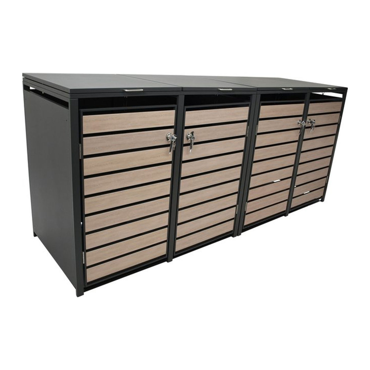 DEGAMO Mülltonnenbox aus Stahl in Anthrazit mit Türen in Holzoptik für 4 Mülltonnen (120 und 240 Liter), B/T/H: 264 x 80 x 116 cm - Bild 1