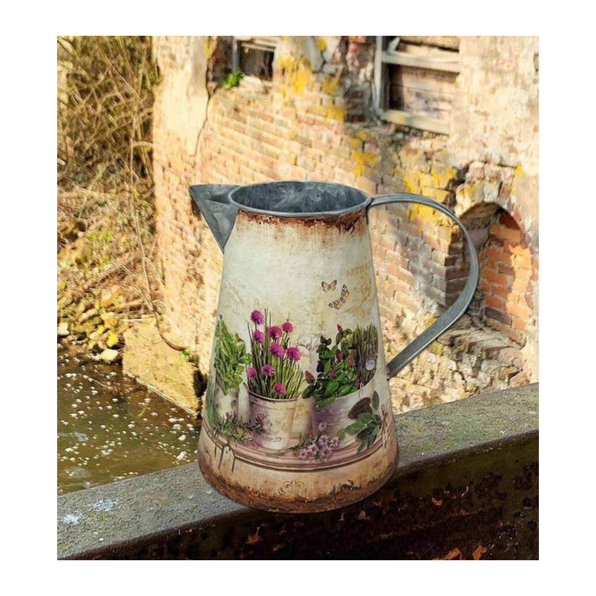 Deko Krug Kräuter der Provence im Vintage-Stil aus Metall, Weiß und Alufarben, Höhe: 19 cm, Breite: 13,5 cm - Bild 1