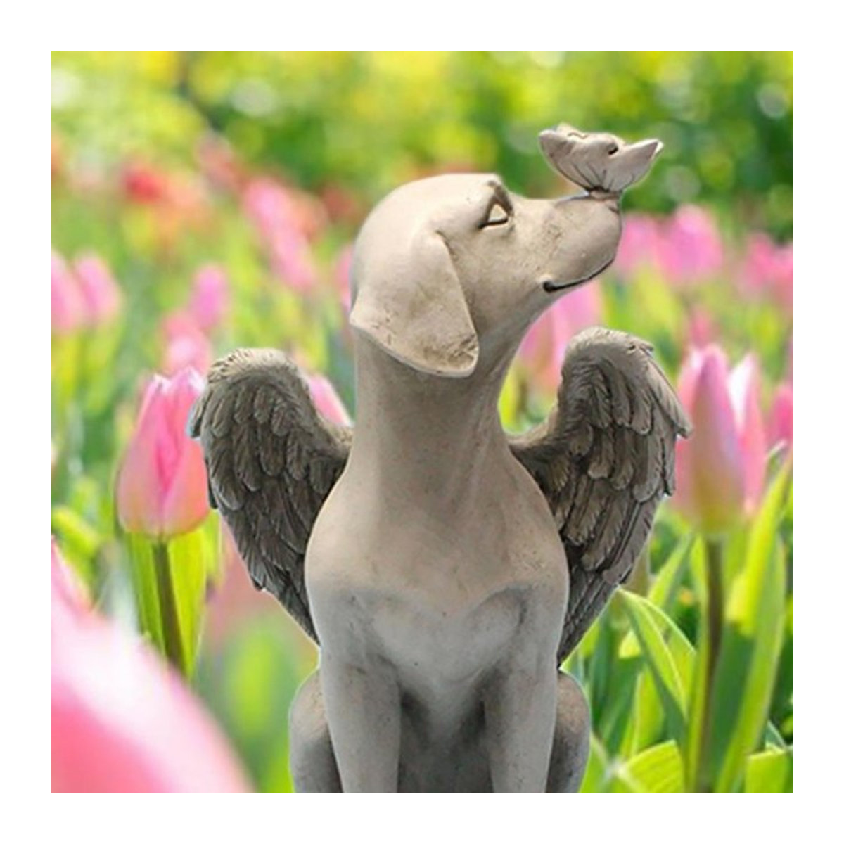 Deko-Skulptur Hund mit Engel und Schmetterling aus Kunstharz in Grau für Garten und Außenbereich - Bild 1