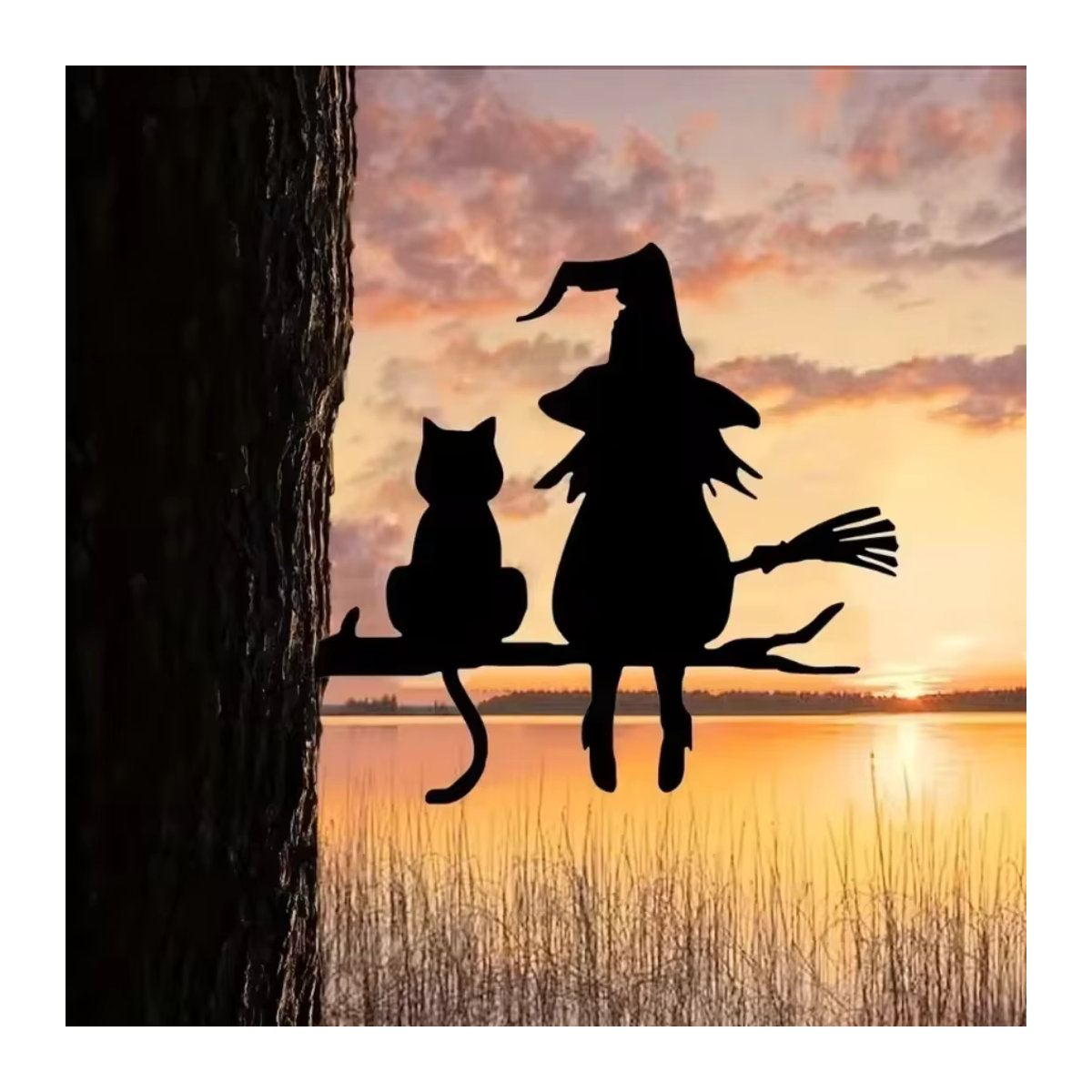 Dekorative Eisen Silhouette Hexe und Katze in Schwarz als Gartenstecker für Rasen und Hof - Bild 3