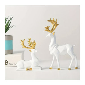 Dekorative Elch und Rentier Statue aus Kunstharz in Weiß und Gold für Weihnachtsdekoration und Wohnaccessoires