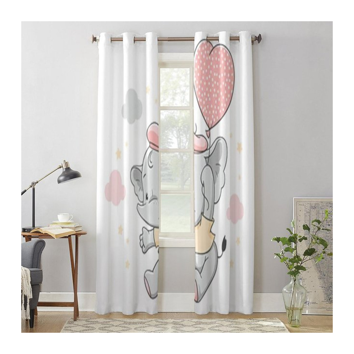 Dekorative Fenstergardinen mit Babyelefant und rosa Ballon von Super Six, Farbe Weiß, B: 135 cm, H: 92 cm - Bild 1