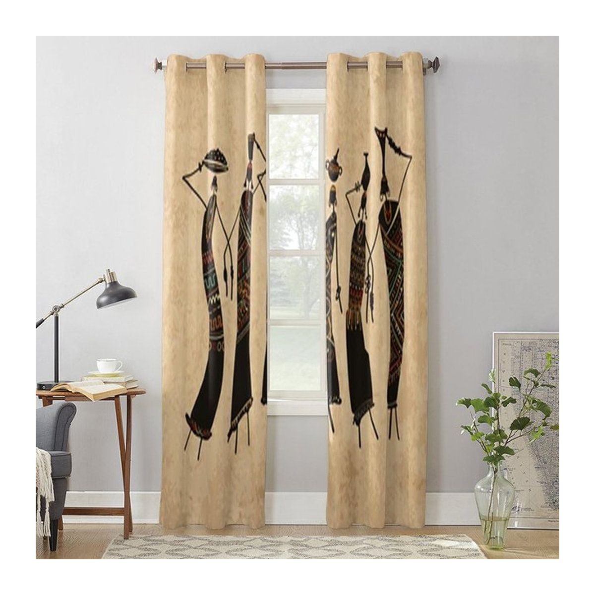Dekorative Fenstervorhänge mit afrikanischem Frauenmotiv in Beige, halbtransparent, B: 135 cm, H: 215 cm - Bild 1