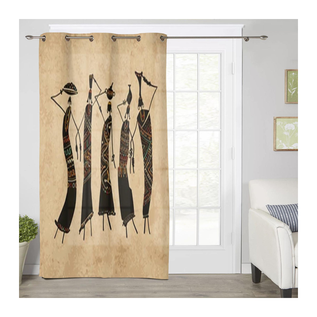 Dekorative Fenstervorhänge mit afrikanischem Frauenmotiv in Beige, halbtransparent, B: 135 cm, H: 215 cm - Bild 2