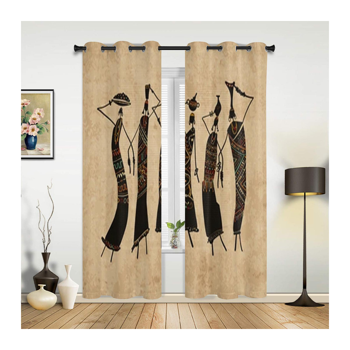 Dekorative Fenstervorhänge mit afrikanischem Frauenmotiv in Beige, halbtransparent, B: 135 cm, H: 215 cm - Bild 3