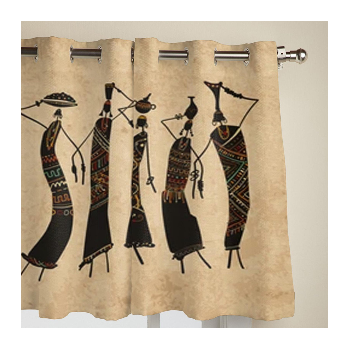 Dekorative Fenstervorhänge mit afrikanischem Frauenmotiv in Beige, halbtransparent, B: 135 cm, H: 215 cm - Bild 4