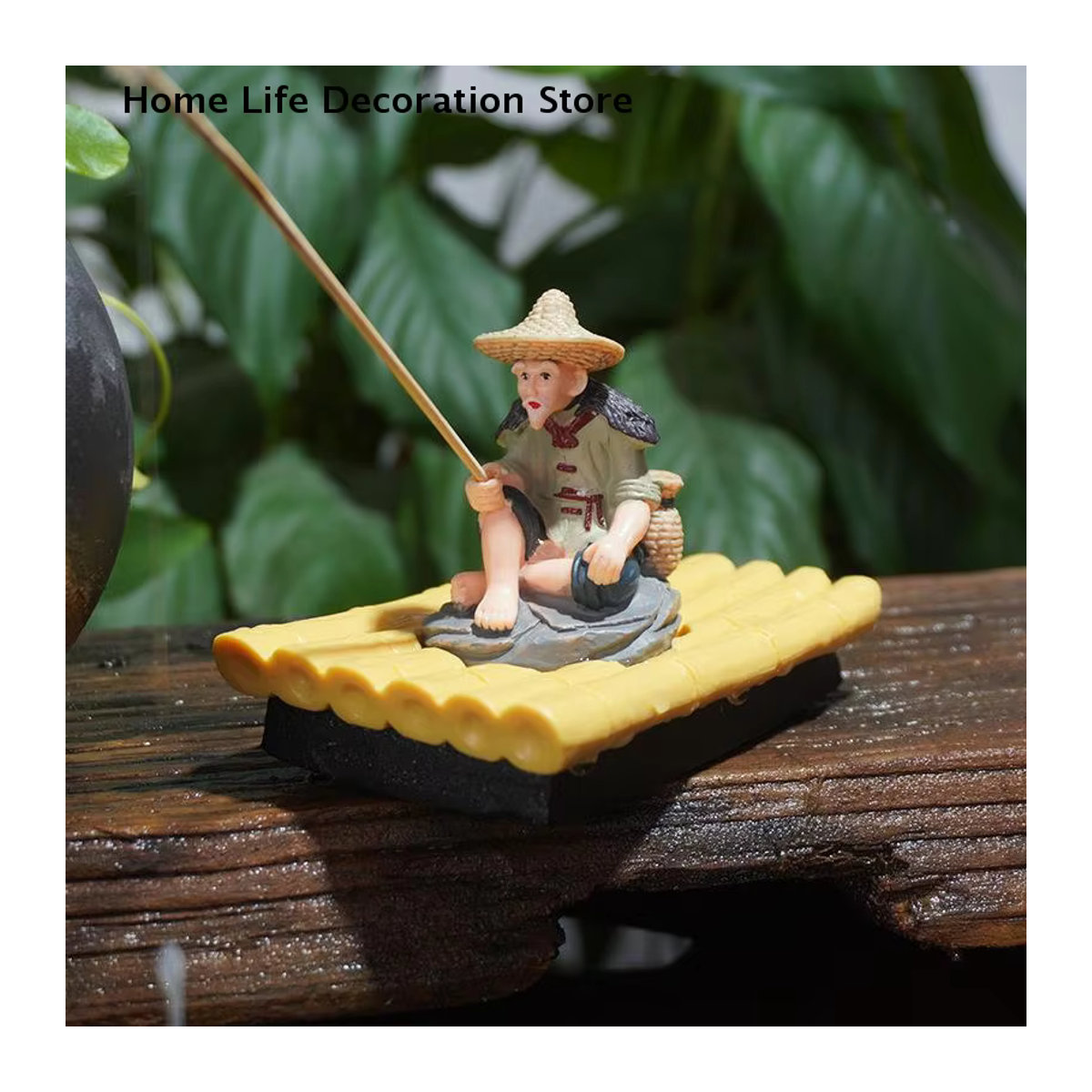 Dekorative Fischer-Figur auf Bambus-Floß für Garten, Aquarium und Outdoor-Dekoration in Mehrfarbig - Bild 1