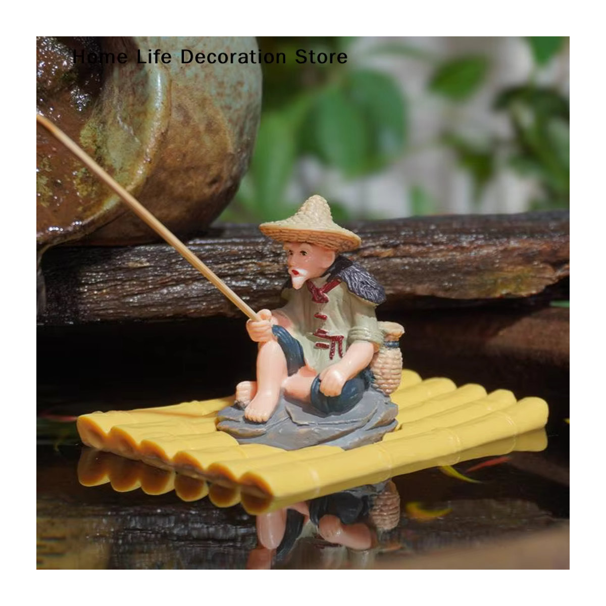 Dekorative Fischer-Figur auf Bambus-Floß für Garten, Aquarium und Outdoor-Dekoration in Mehrfarbig - Bild 2