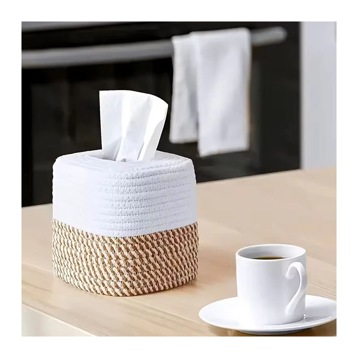 Dekorative Handgewebte Tissue Box aus Baumwollfaden in Weiß im Skandinavischen Design - Bild 3
