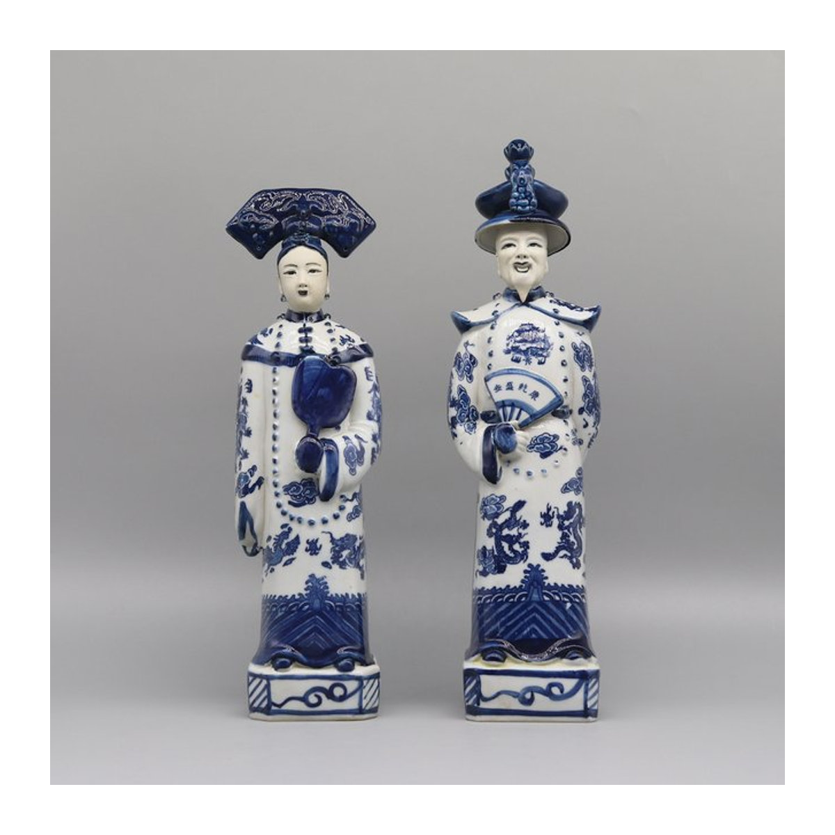 Dekorative Keramikstatuen von Kaiser und Kaiserin der Qing-Dynastie in Blau von Eastern Tide - Bild 1
