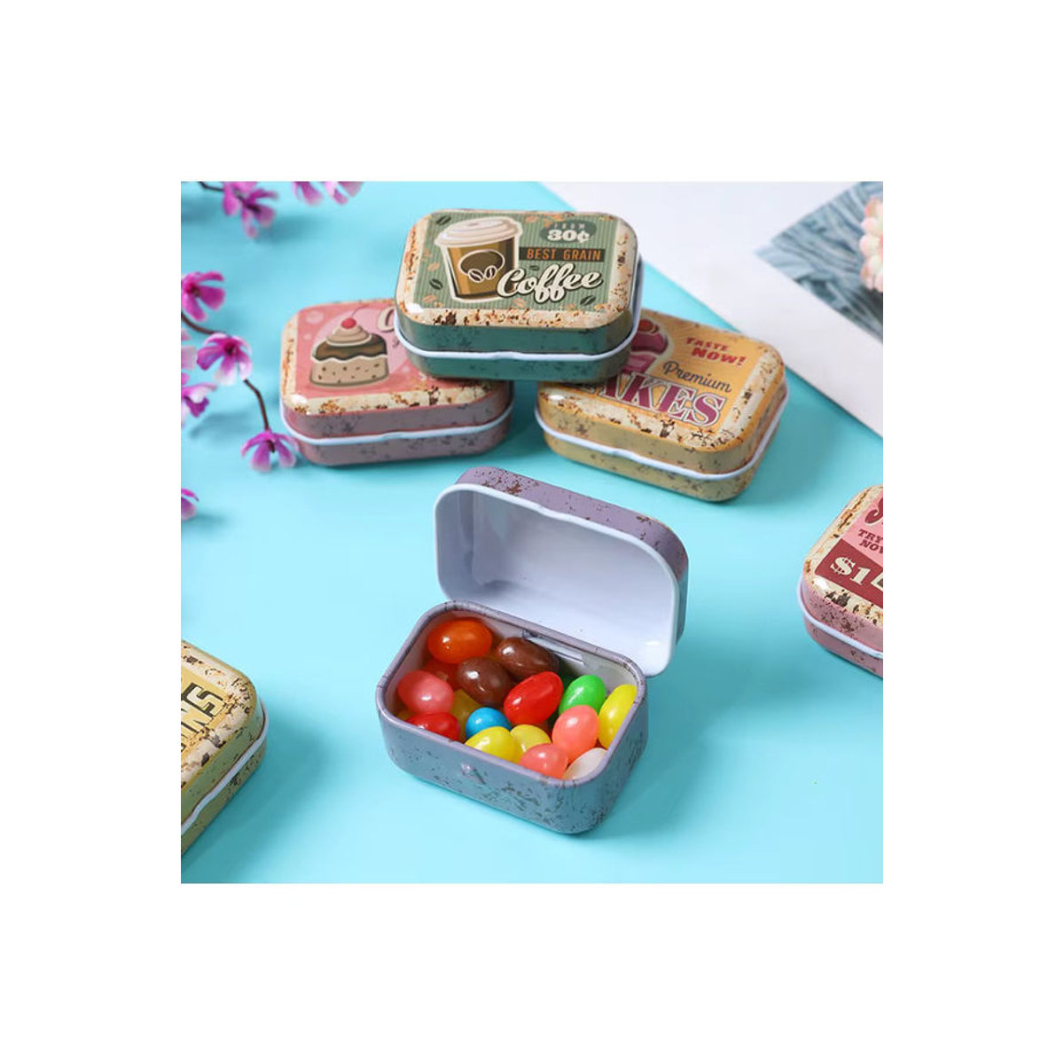 Dekorative Metall-Zinnboxen im Retro-Design, rechteckige Aufbewahrungsdosen mit floralem Muster, mehrfarbig - Bild 3