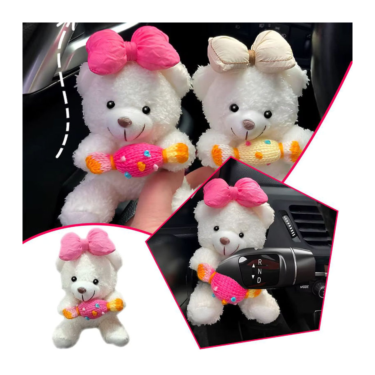 Dekorative Plüschbär-Figur aus Textil in Weiß als Auto-Innenraum-Ornament für Armaturenbrett oder Mittelkonsole - Bild 3