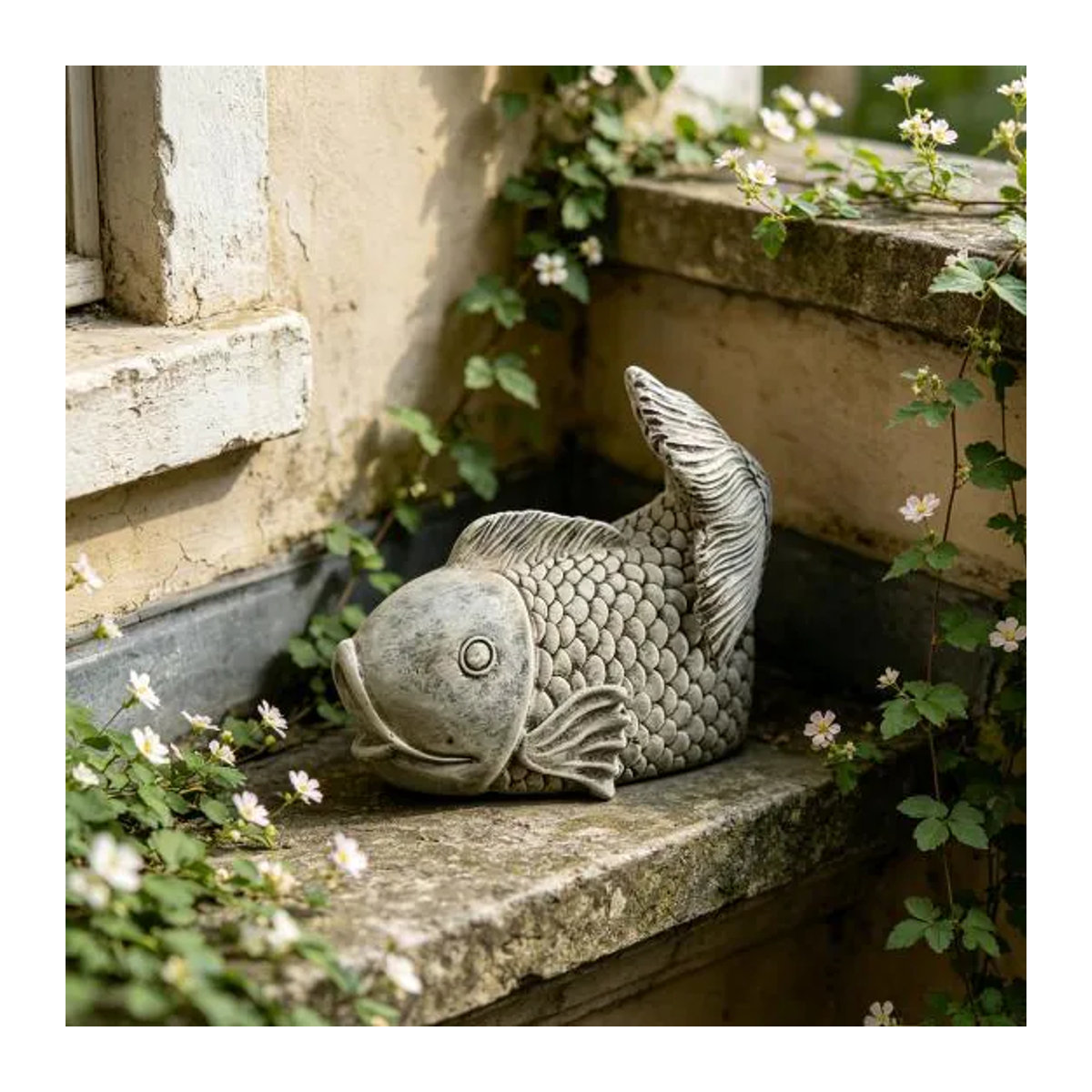 Dekorative Regenwasserablaufrinne in Fischform von Mud in your eye, funktionale Outdoor-Fischskulptur aus Kunstharz in Grau für Garten, Terrasse und Hof - Bild 5