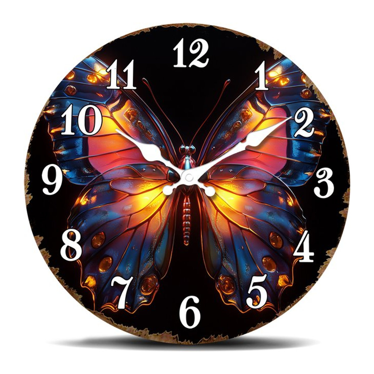 Dekorative runde Wanduhr mit Schmetterlingsmotiv und Beleuchtung, geräuschlose analoge Quarzuhr in Mehrfarben aus Metall und Holz - Bild 1