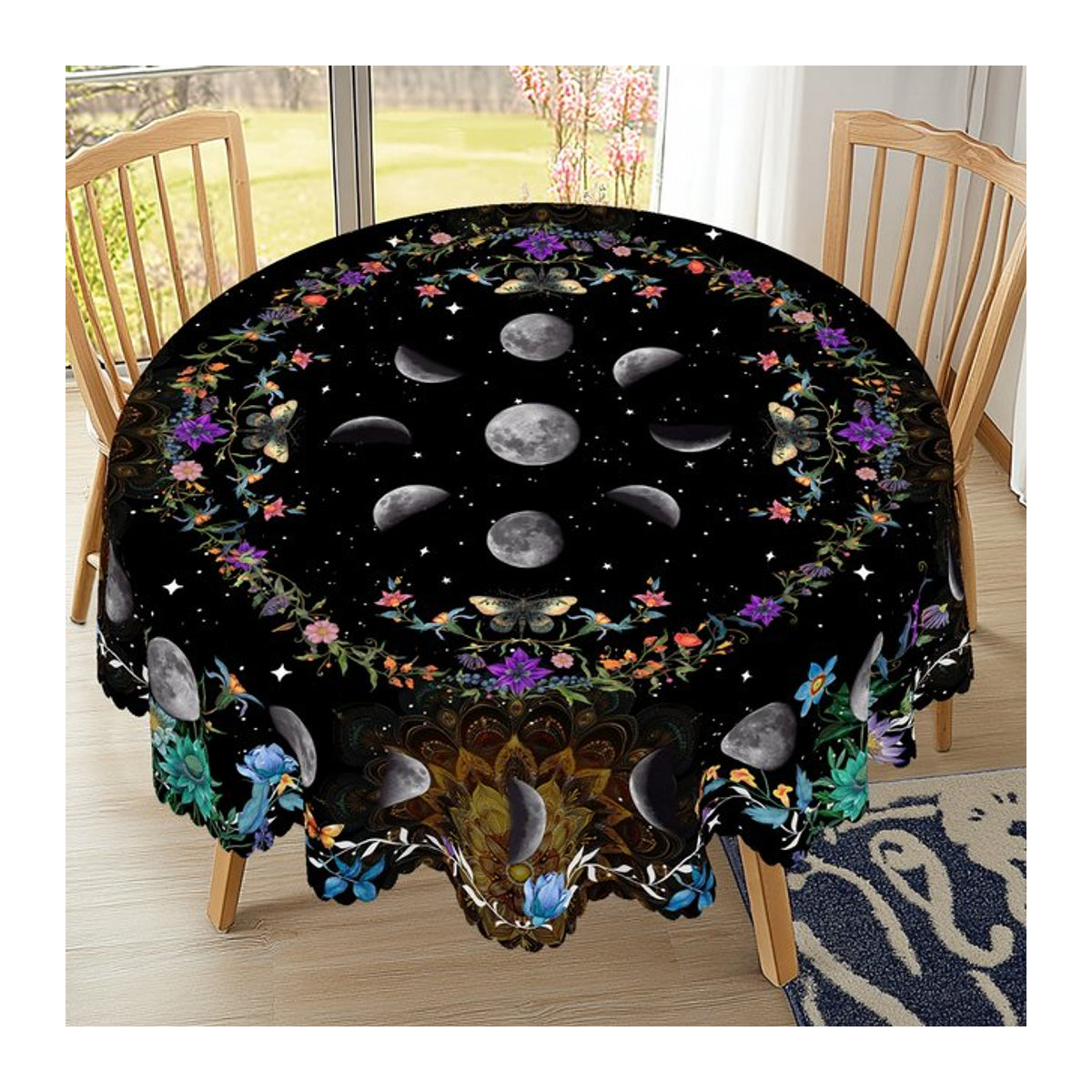 Dekorative Tischdecke mit Tarot-Motiv in Schwarz mit Sonne, Mond, Schmetterling und Blumenmuster - Bild 1