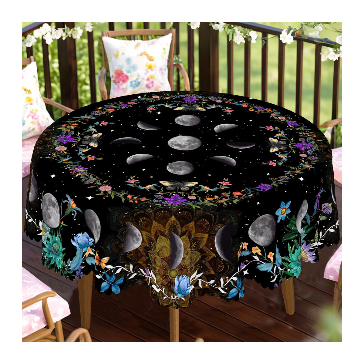 Dekorative Tischdecke mit Tarot-Motiv in Schwarz mit Sonne, Mond, Schmetterling und Blumenmuster - Bild 2
