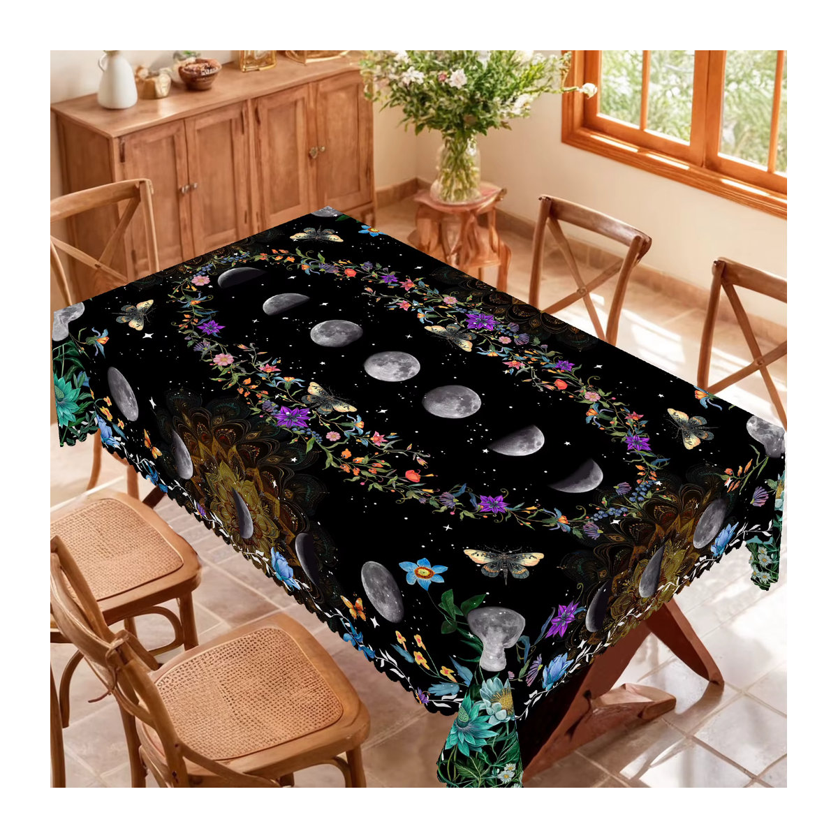 Dekorative Tischdecke mit Tarot-Motiv in Schwarz mit Sonne, Mond, Schmetterling und Blumenmuster - Bild 3
