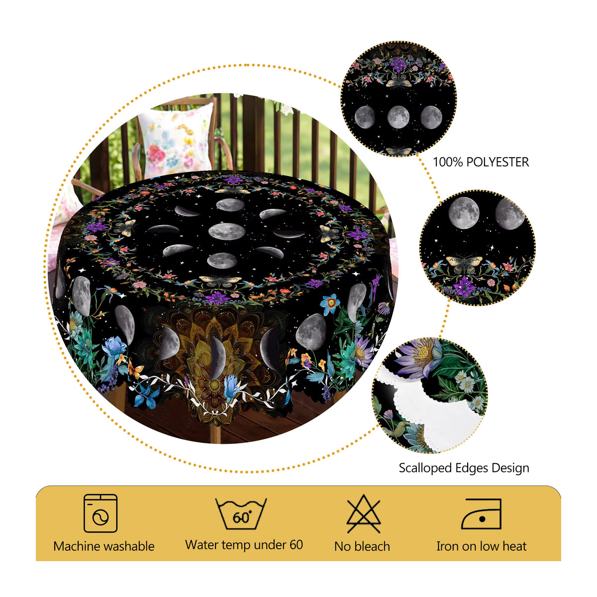 Dekorative Tischdecke mit Tarot-Motiv in Schwarz mit Sonne, Mond, Schmetterling und Blumenmuster - Bild 5
