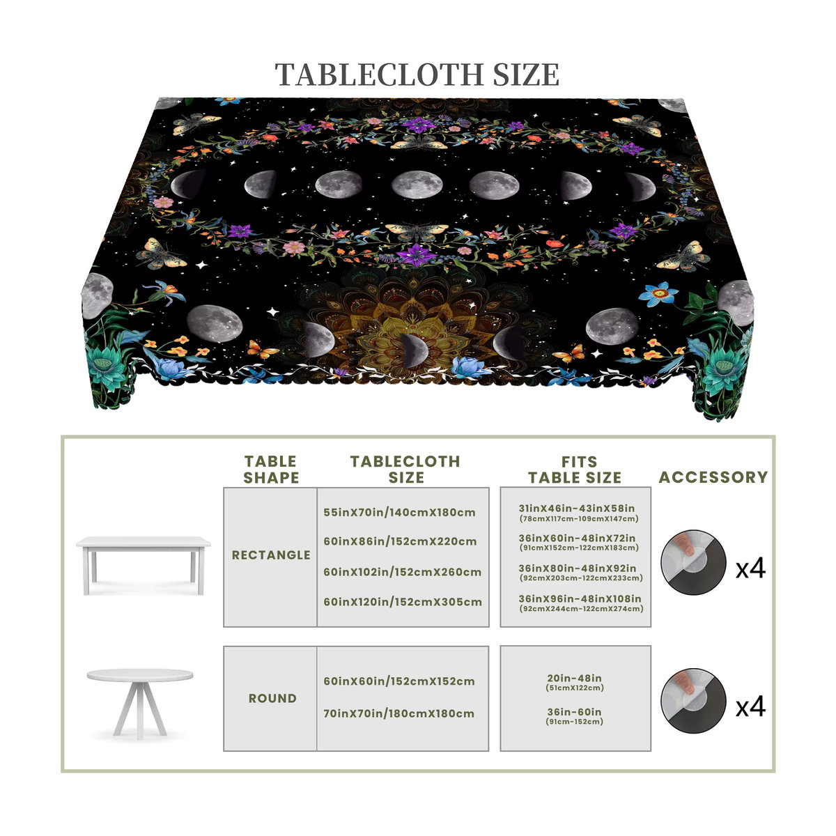 Dekorative Tischdecke mit Tarot-Motiv in Schwarz mit Sonne, Mond, Schmetterling und Blumenmuster - Bild 6