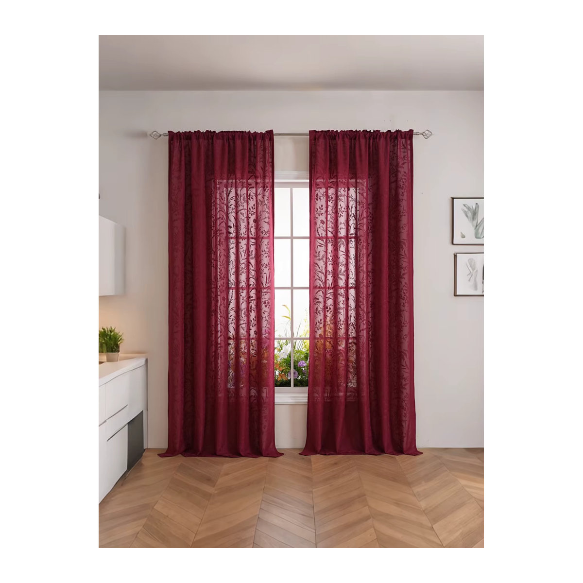 Dekorative transparente Gras-Spitzenvorhänge im Retro-Stil in Rot für dein Wohnzimmer oder Schlafzimmer - Bild 2