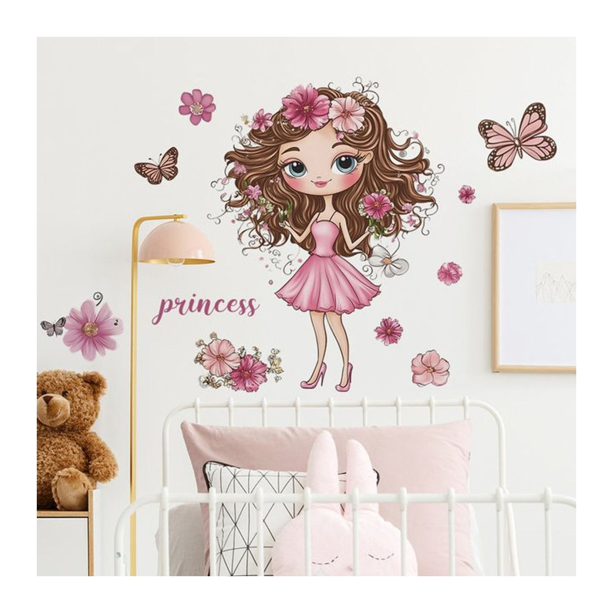 Dekorative Wandaufkleber mit Cartoon Prinzessin und Schmetterling für Kinderzimmer und Wohnzimmer, mehrfarbig - Bild 1