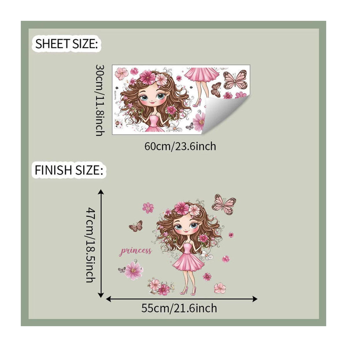 Dekorative Wandaufkleber mit Cartoon Prinzessin und Schmetterling für Kinderzimmer und Wohnzimmer, mehrfarbig - Bild 2