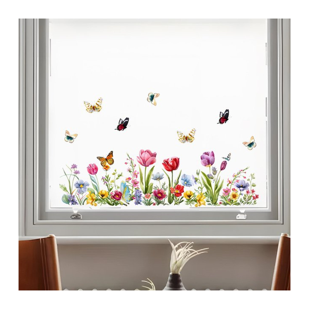 Dekorative Wandaufkleber mit Tulpen und Schmetterlingen im Glasfenster-Design aus PVC, mehrfarbig - Bild 1