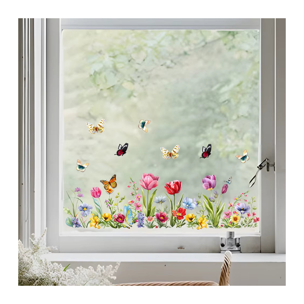 Dekorative Wandaufkleber mit Tulpen und Schmetterlingen im Glasfenster-Design aus PVC, mehrfarbig - Bild 2