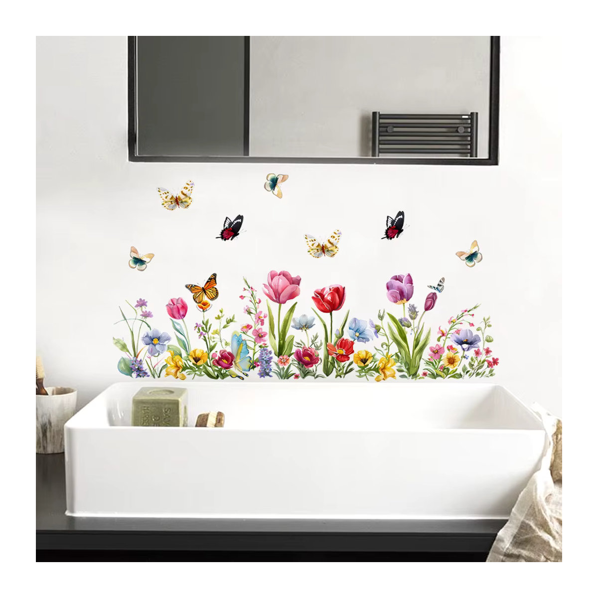 Dekorative Wandaufkleber mit Tulpen und Schmetterlingen im Glasfenster-Design aus PVC, mehrfarbig - Bild 3