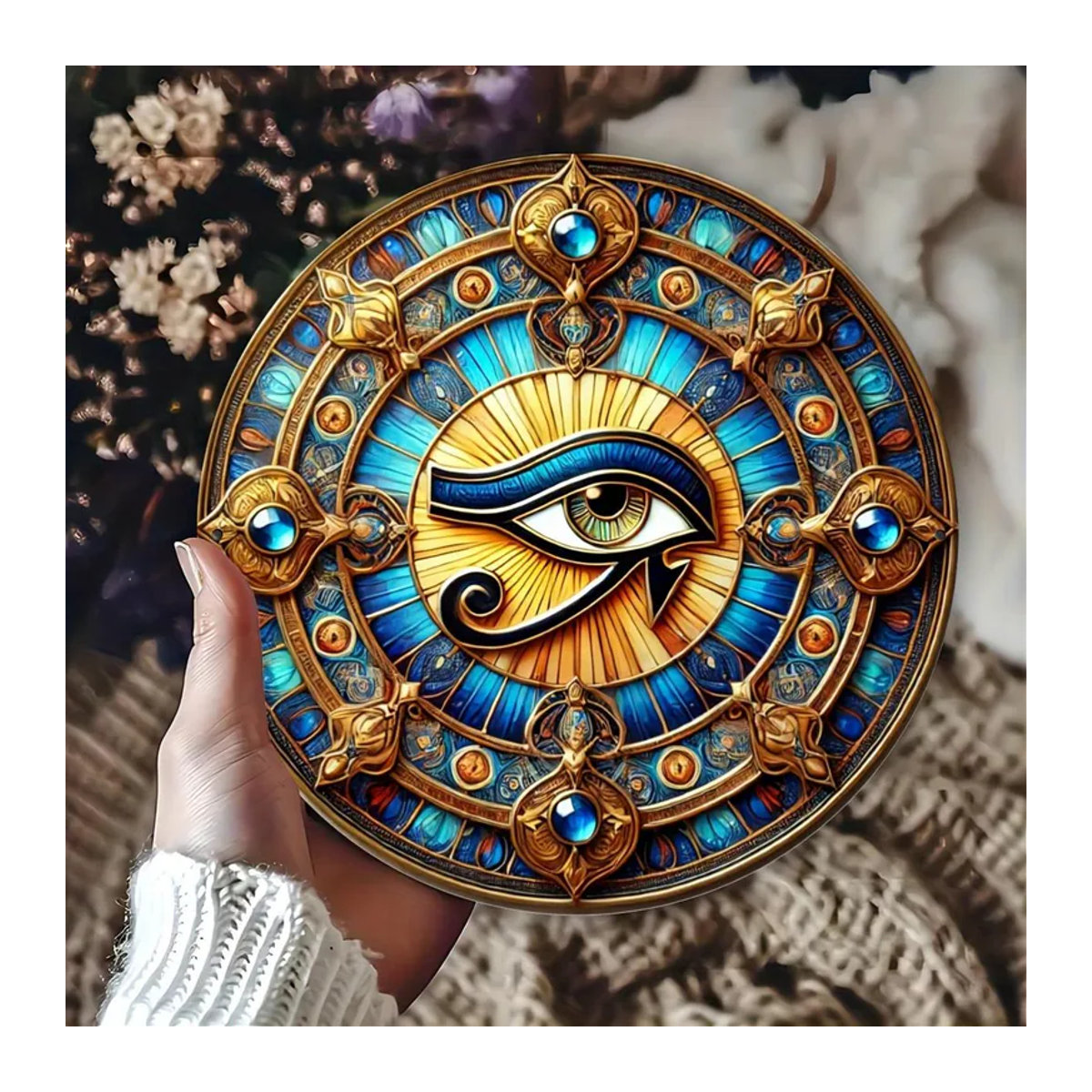 Dekorative Wandbehängung Auge des Horus aus Holz, runde Holzkunst in mehrfarbigem Design für Zuhause, Café oder Bar - Bild 4