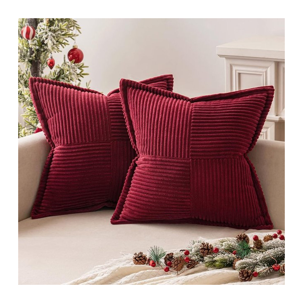 Dekorative Weihnachts-Cord-Kissenbezüge im Boho-Stil, rot und weiß, superweich mit gestreifter Textur, B/B: 45,7 x 45,7 cm - Bild 1