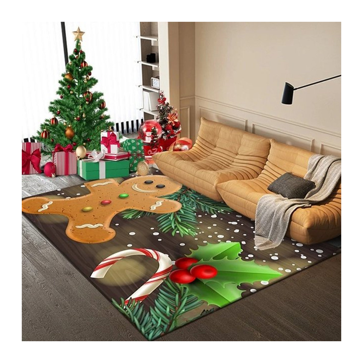 Dekorative Weihnachtsmatte mit Weihnachtsmann, Lebkuchenmann und Zuckerstangen in Rot, Gold und Braun - Bild 1