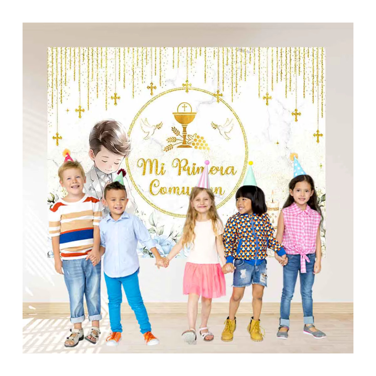 Dekorativer Fotohintergrund für Erstkommunion und Taufe mit goldenem Kreuz und floralem Design in Weiß und Gold - Bild 2
