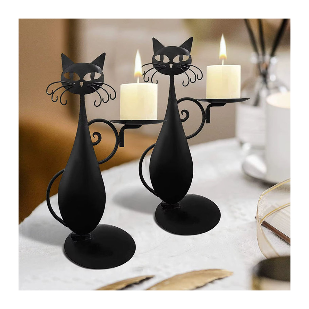 Dekorativer Katzenkerzenhalter aus Metall in Schwarz im Vintage-Design für Stumpenkerzen - Bild 2