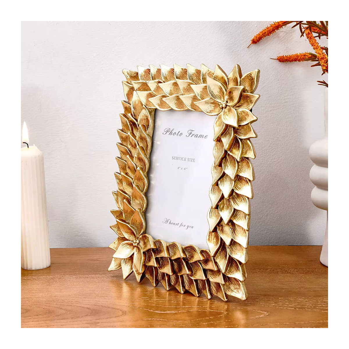 Dekorativer Orchideen-Fotorahmen im Vintage-Stil aus Kunstharz, Gold, Rechteckig - Bild 5
