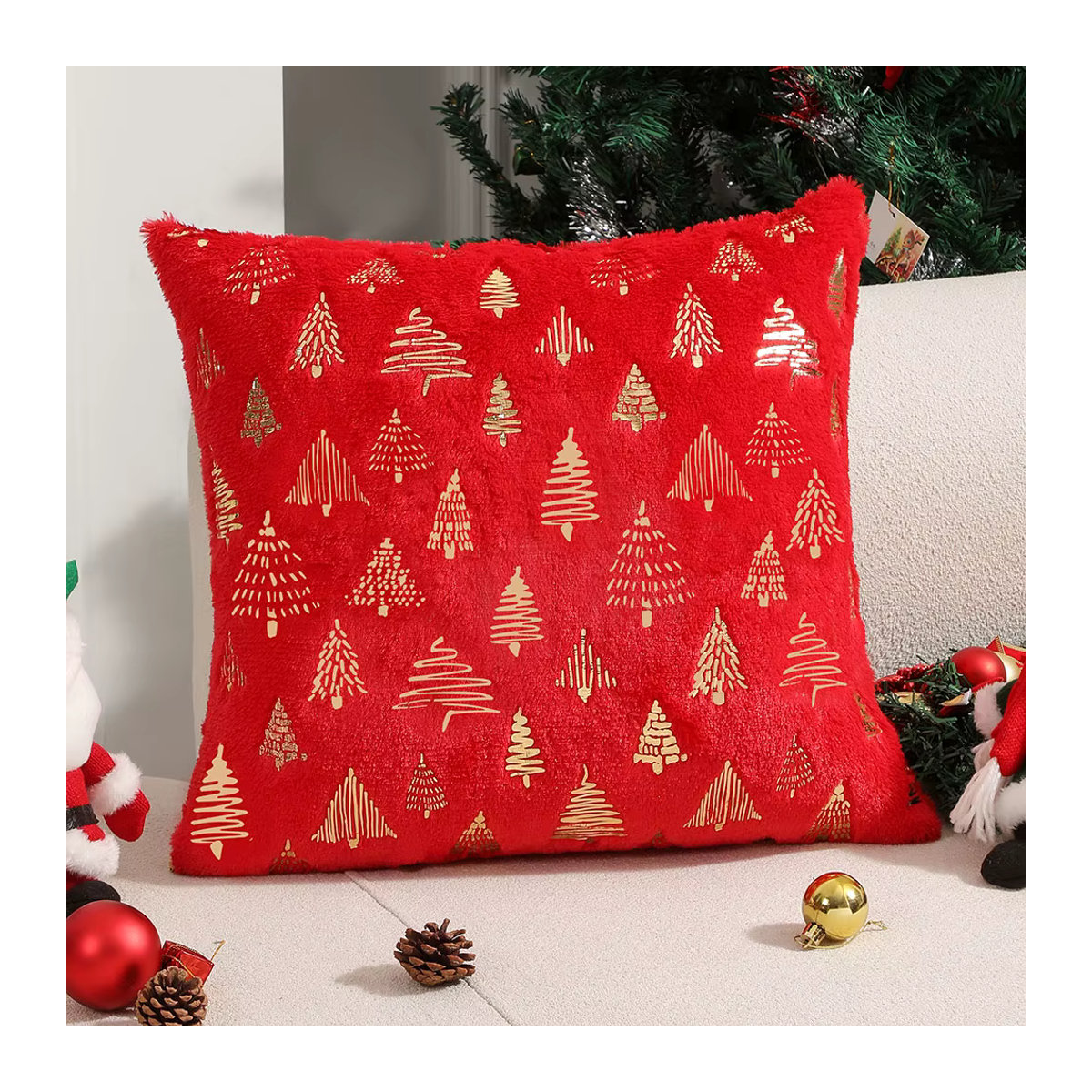 Dekorativer Plüsch-Kissenbezug von CANIRICA mit Weihnachtsfolienmuster in Beige und Mehrfarbig, B/T/H: 45 x 45 x 45 cm - Bild 3