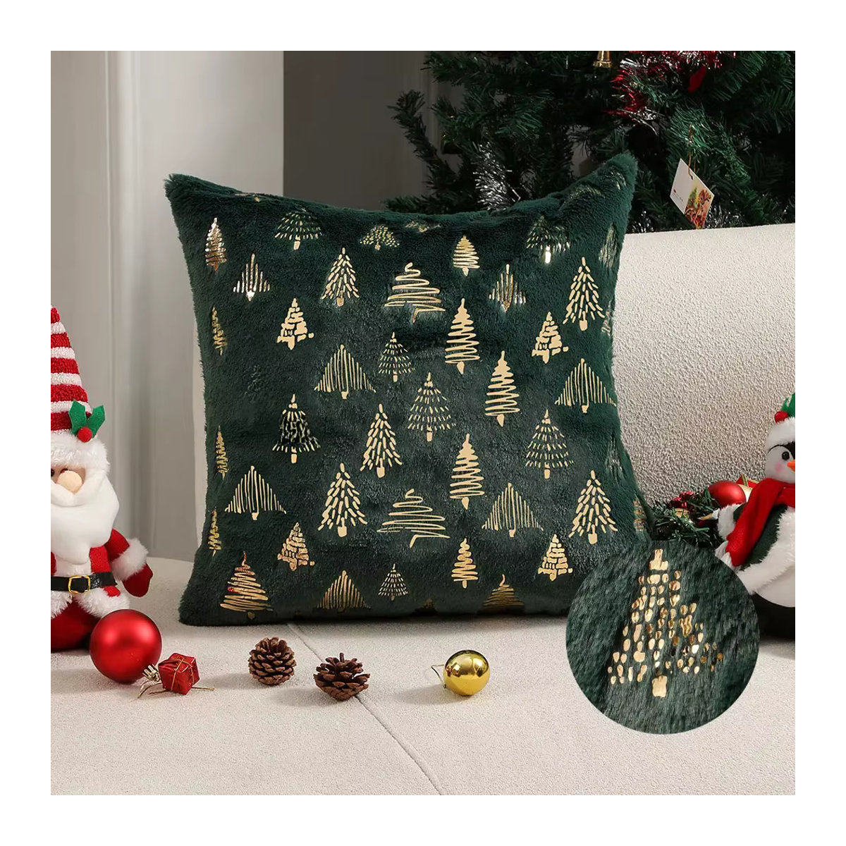 Dekorativer Plüsch-Kissenbezug von CANIRICA mit Weihnachtsfolienmuster in Beige und Mehrfarbig, B/T/H: 45 x 45 x 45 cm - Bild 6