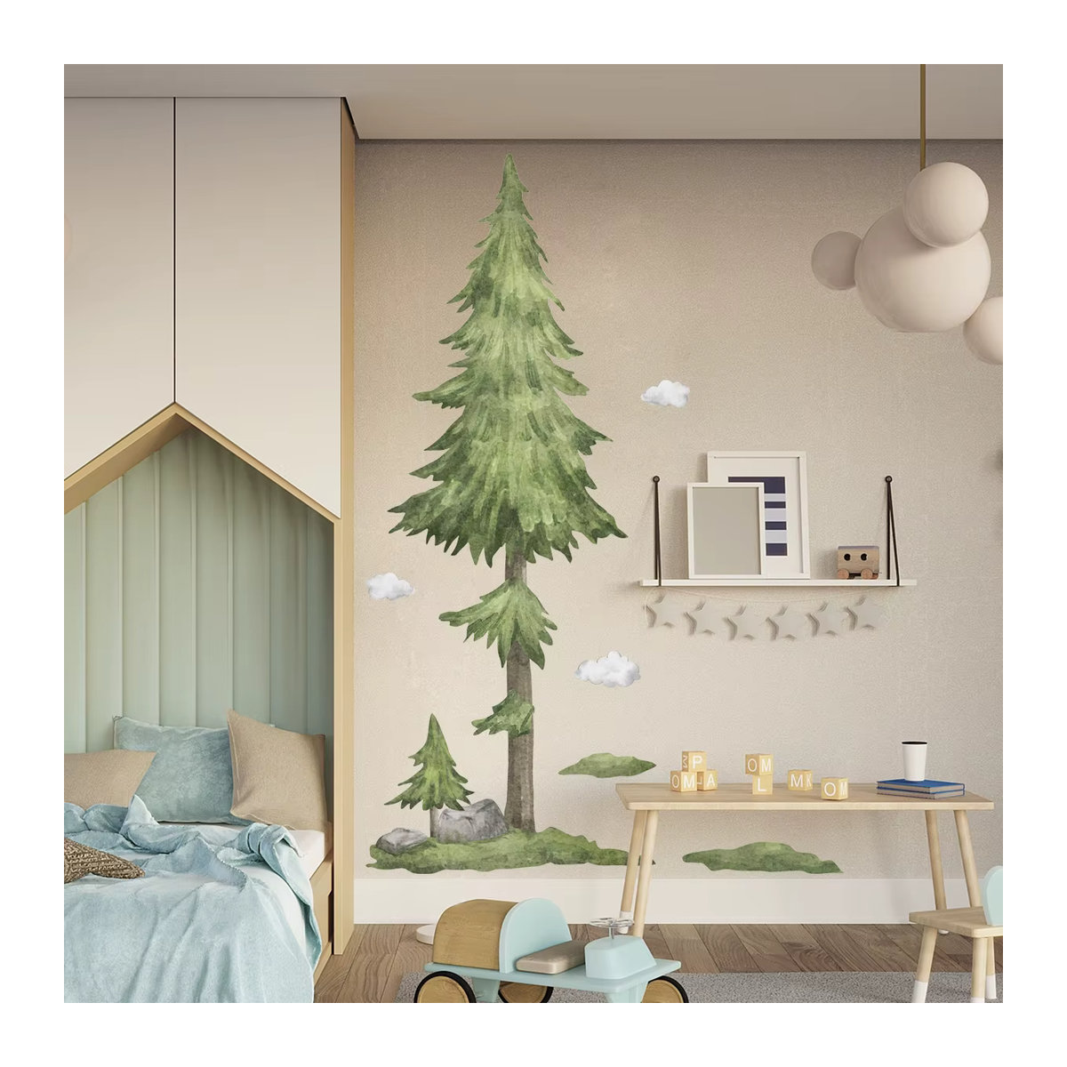 Dekorativer Waldbaum-Wandaufkleber in Grün für Kinderzimmer und Wohnzimmer, Kiefernbaum-Wandtattoo aus Kunststoff, Höhe: 215 cm - Bild 6