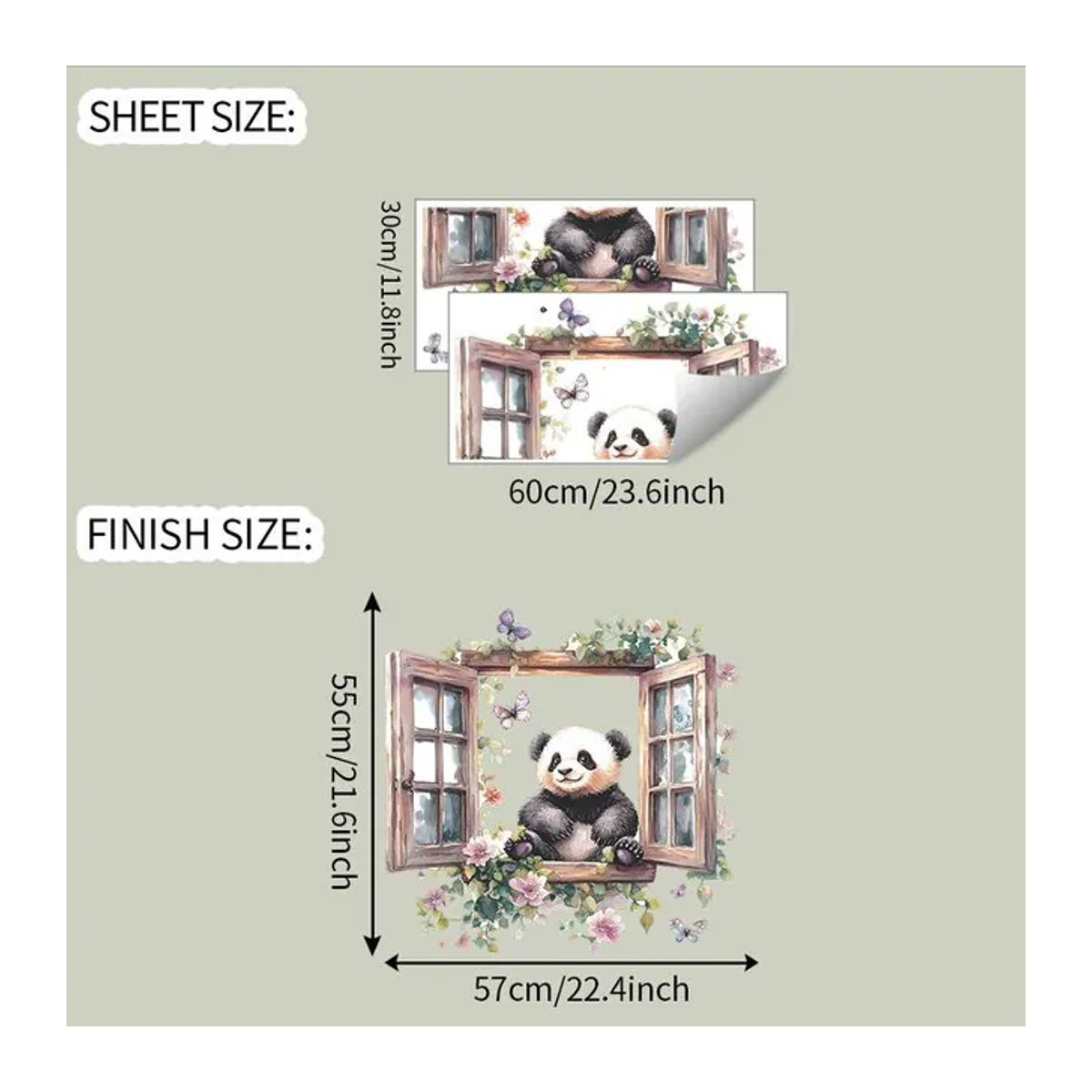 Dekorativer Wandaufkleber mit Panda und Schmetterling im Fake-Fenster-Design, mehrfarbig, für Wohnzimmer und Schlafzimmer - Bild 1