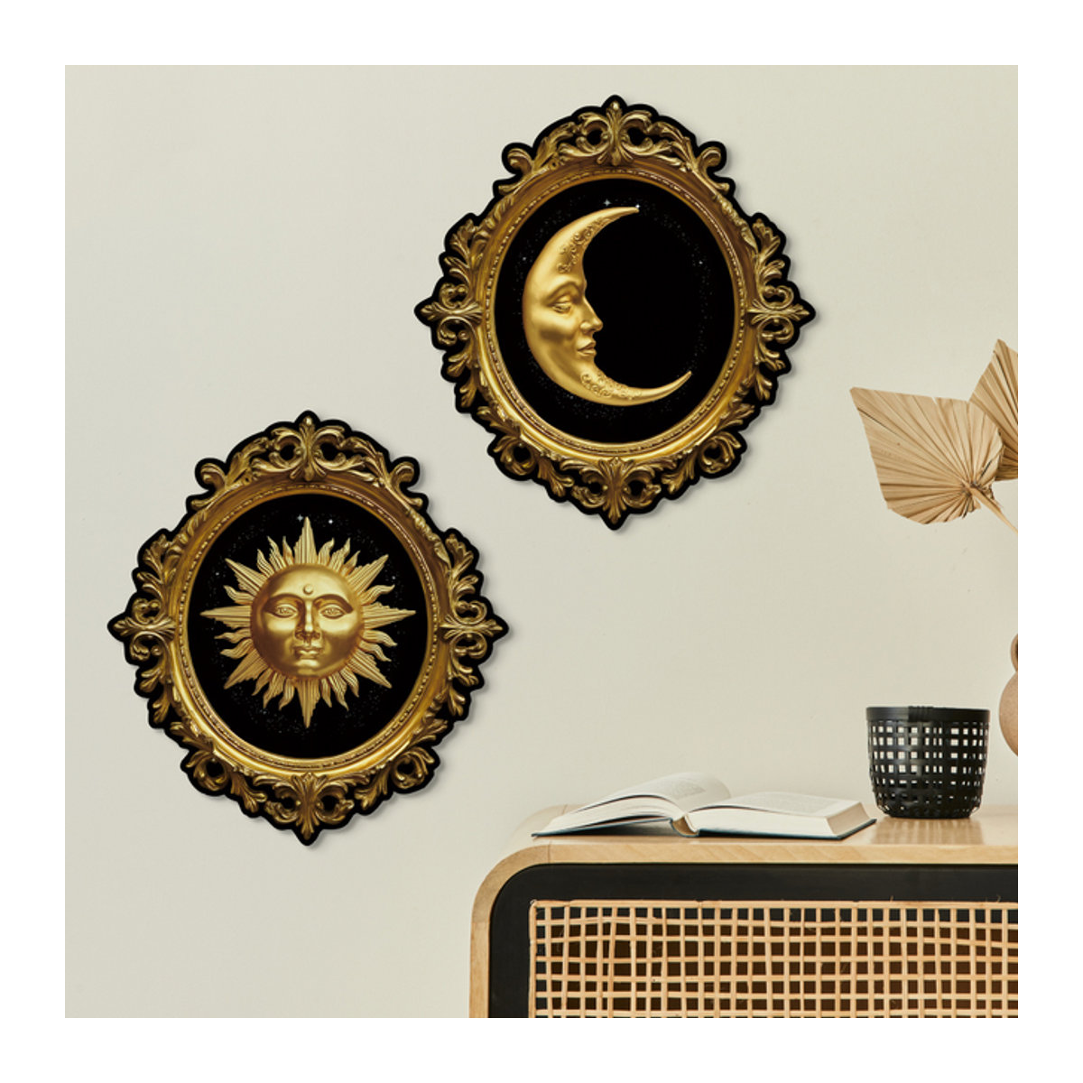 Dekoratives 2D Holz Wandbild Set mit Sonne und Mond in Gold, geometrisches Wandpaneel für Wohnraum, Café oder Bar, B: 77,42 cm x H: 30,48 cm x T: 27,94 cm - Bild 1