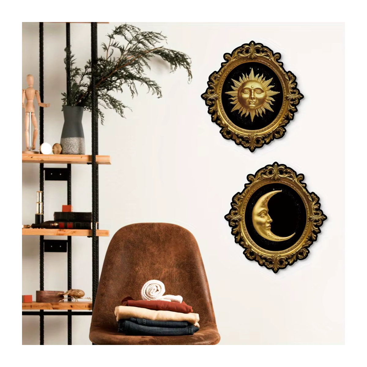 Dekoratives 2D Holz Wandbild Set mit Sonne und Mond in Gold, geometrisches Wandpaneel für Wohnraum, Café oder Bar, B: 77,42 cm x H: 30,48 cm x T: 27,94 cm - Bild 3