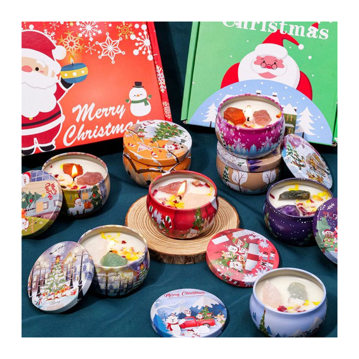 Dekoratives Duftkerzen-Geschenkset mit natürlichem Kristall-Rohstein in einer roten Metall-Weihnachtsdose - Bild 1