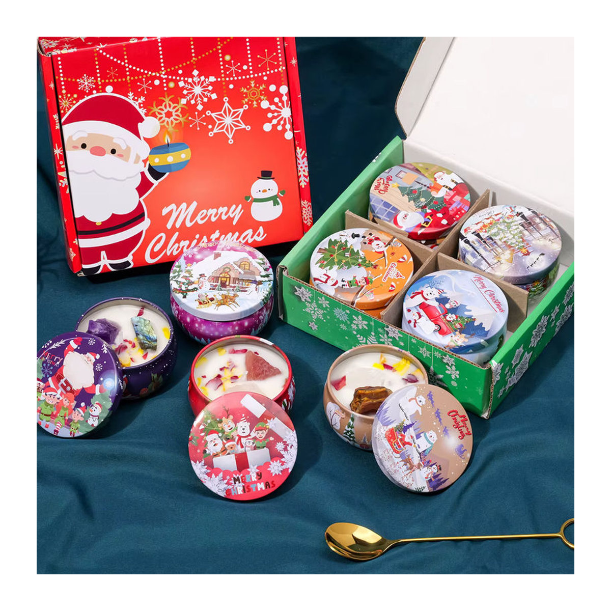 Dekoratives Duftkerzen-Geschenkset mit natürlichem Kristall-Rohstein in einer roten Metall-Weihnachtsdose - Bild 2