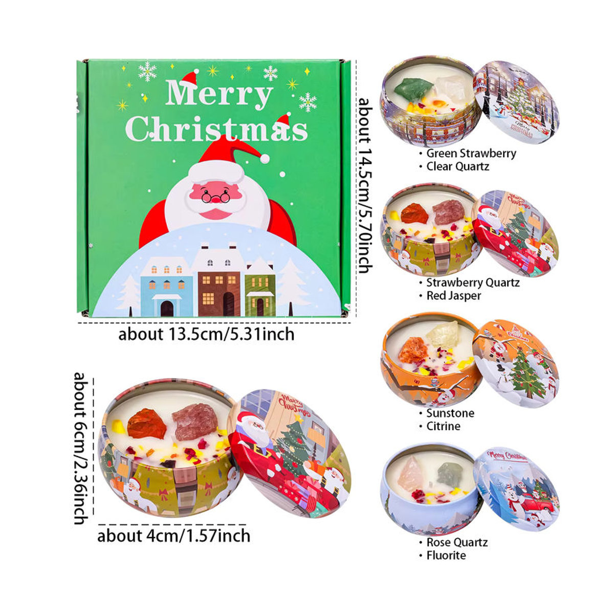Dekoratives Duftkerzen-Geschenkset mit natürlichem Kristall-Rohstein in einer roten Metall-Weihnachtsdose - Bild 4