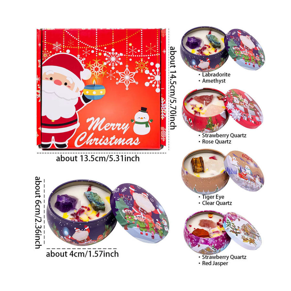 Dekoratives Duftkerzen-Geschenkset mit natürlichem Kristall-Rohstein in einer roten Metall-Weihnachtsdose - Bild 5