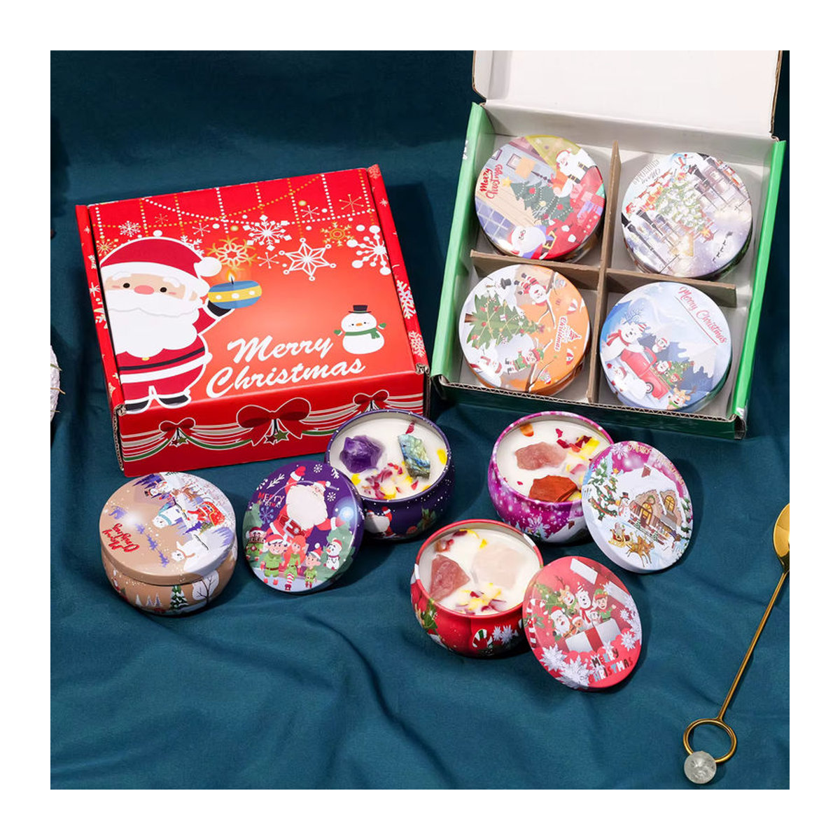 Dekoratives Duftkerzen-Geschenkset mit natürlichem Kristall-Rohstein in einer roten Metall-Weihnachtsdose - Bild 6