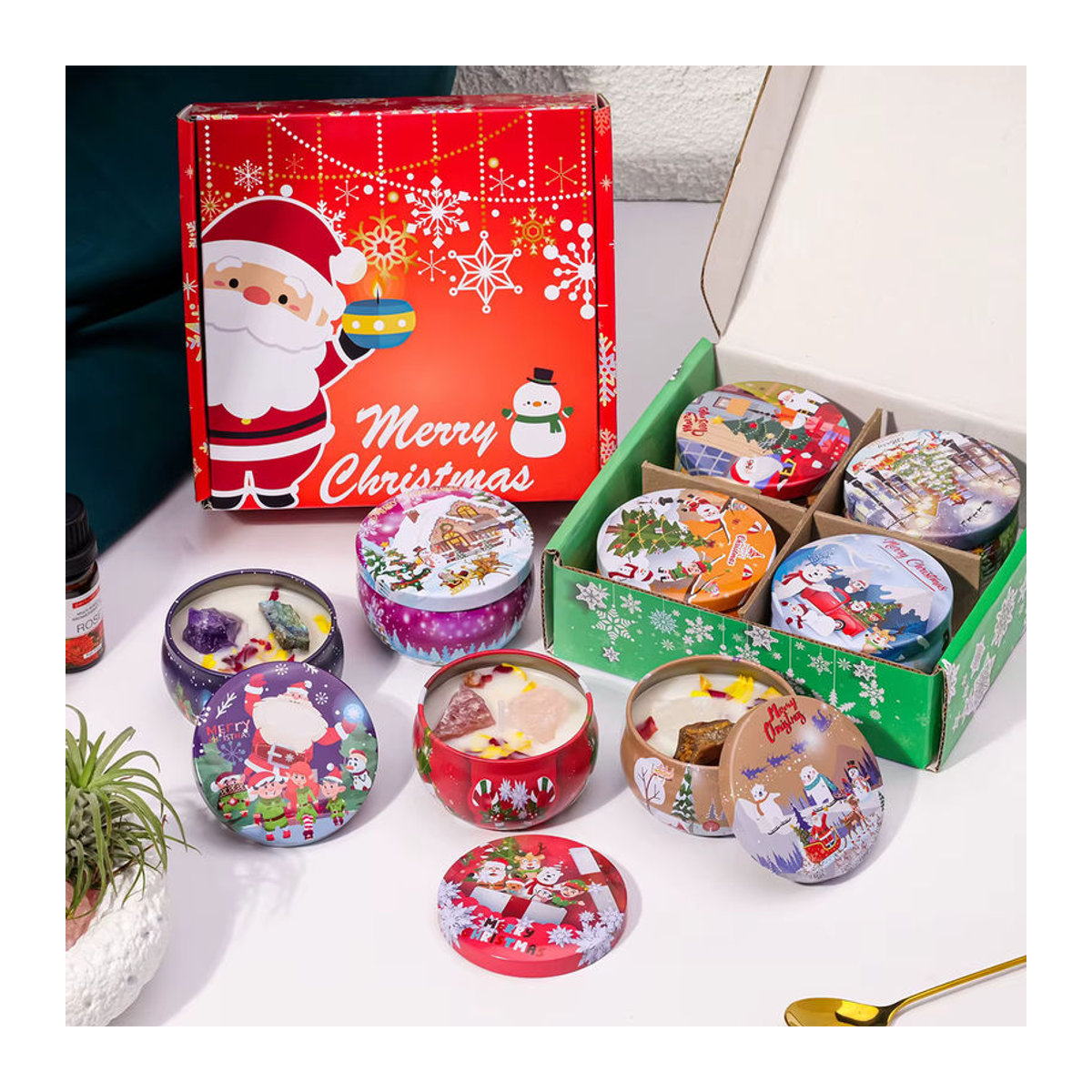 Dekoratives Duftkerzen-Geschenkset mit natürlichem Kristall-Rohstein in einer roten Metall-Weihnachtsdose - Bild 7