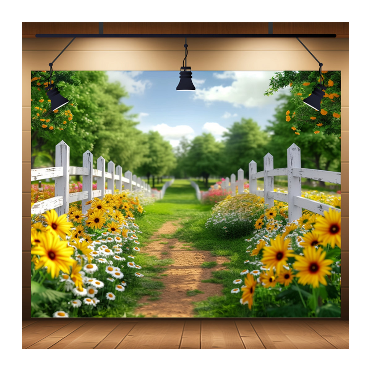 Dekoratives Garten-Hintergrundtuch mit floralem Frühlingsdesign in Weiß, Grün und Mehrfarbig, Textil, Rechteckig, B: 150 cm, H: 100 cm - Bild 1