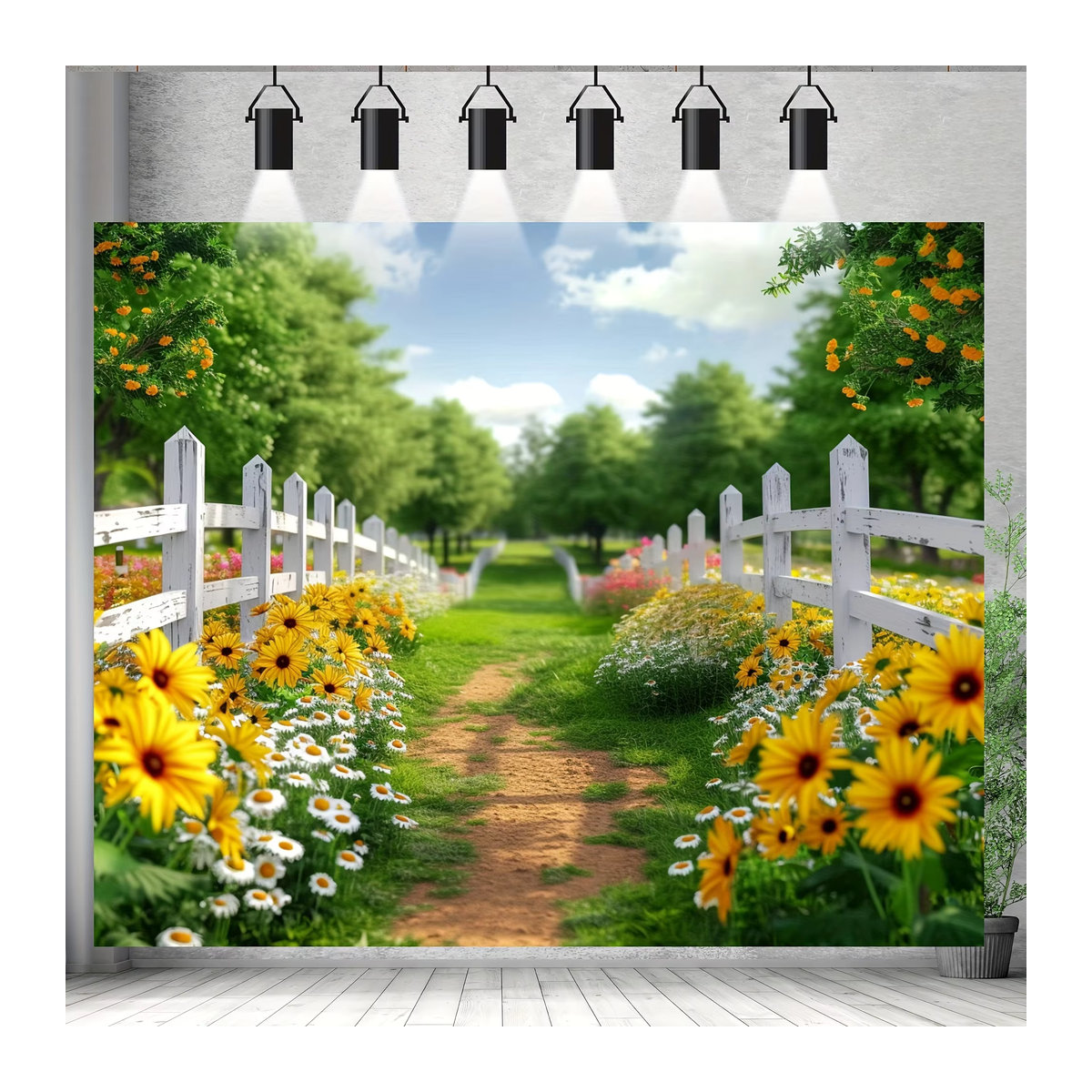 Dekoratives Garten-Hintergrundtuch mit floralem Frühlingsdesign in Weiß, Grün und Mehrfarbig, Textil, Rechteckig, B: 150 cm, H: 100 cm - Bild 2